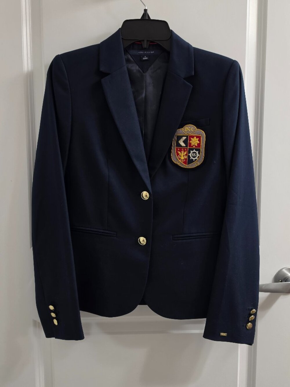 Tommy Hilfiger Navy Blue Crest Patch Blazer Gold Buttons Academic Preppy Size 0